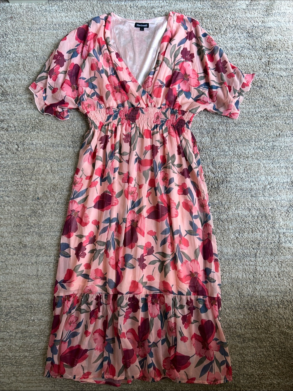 Amazon Pink Floral Midi Dress with Red and Blue Accents